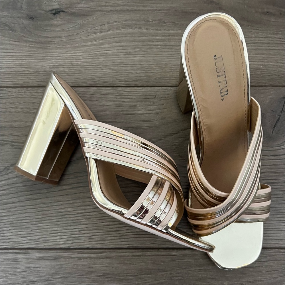 JustFab Keiana Mirrored Mules | Gold & Blush | Size 10